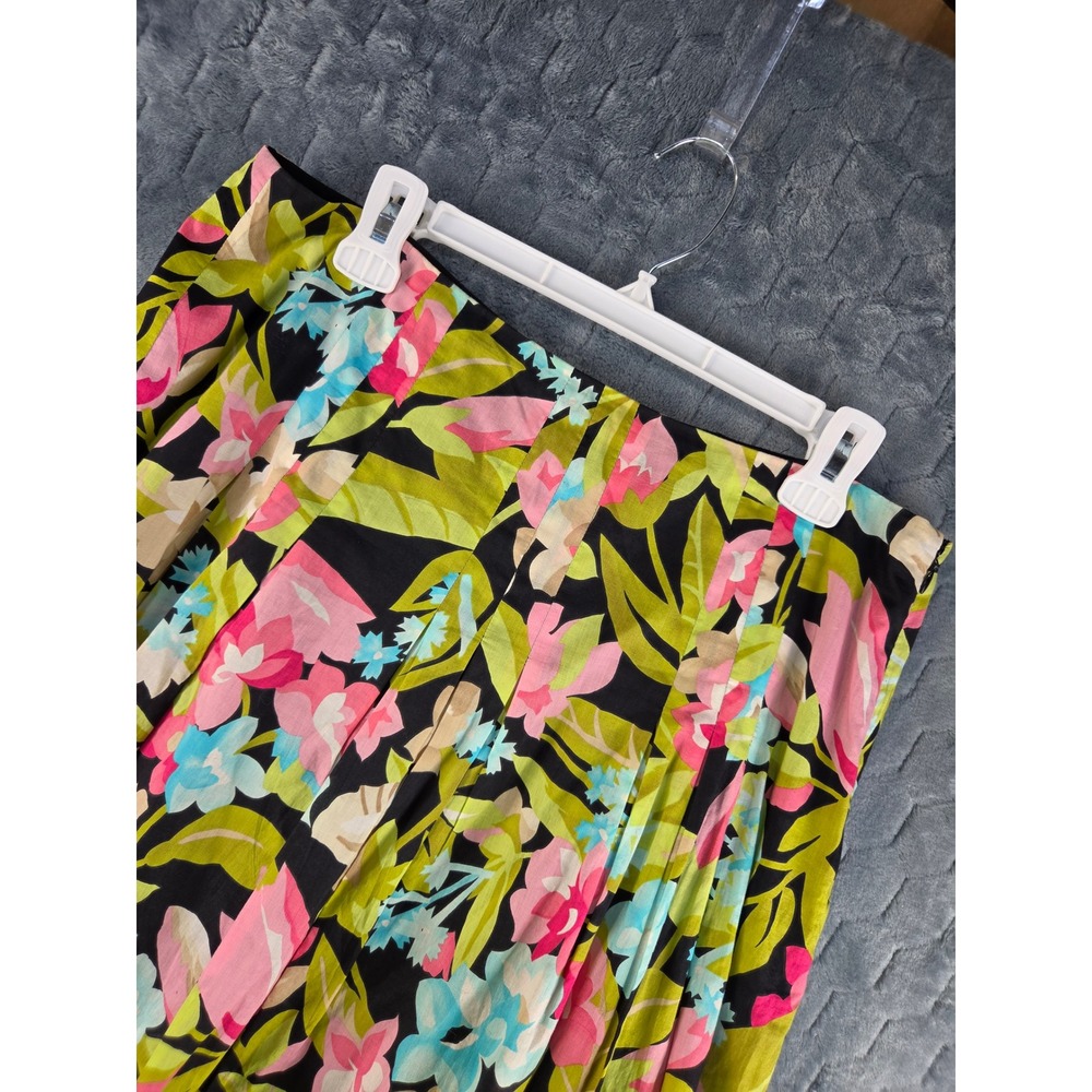 Talbots Womens Size 8 Black Floral Pleated Cotton A-Line Midi Skirt Tropical